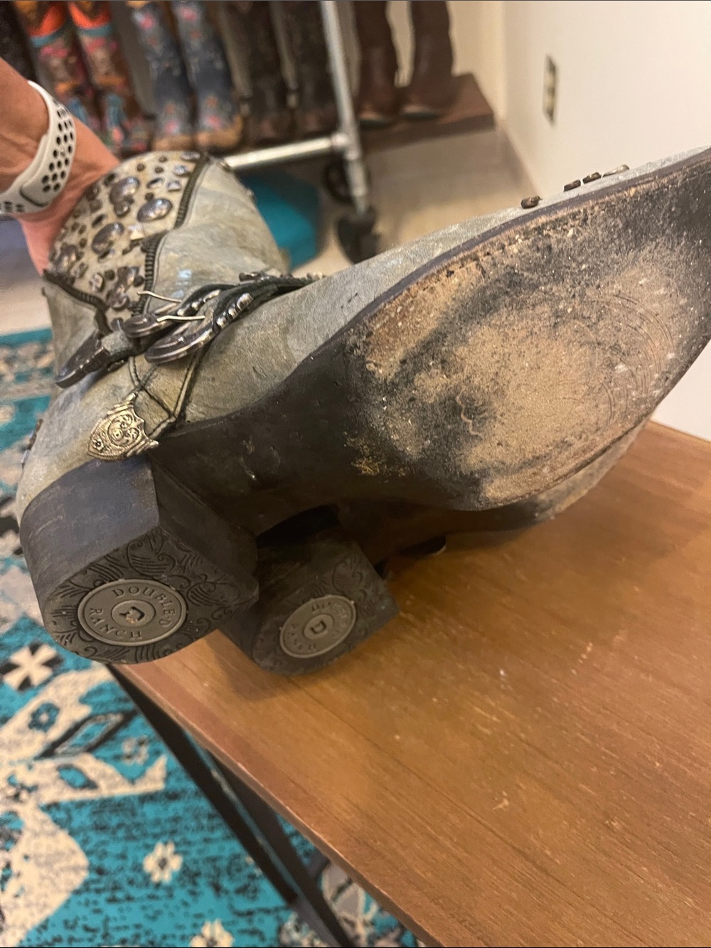 Double D Ranch Distressed Studded Gray Cowboy Boots - Picture 9 of 10
